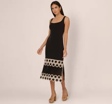 Adrianna Papell Wedding Guest Dresses|Day Dresses*Crochet Trimmed Sheath Midi Dress With Tank Straps In Black Ecru