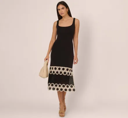 Adrianna Papell Wedding Guest Dresses|Day Dresses*Crochet Trimmed Sheath Midi Dress With Tank Straps In Black Ecru