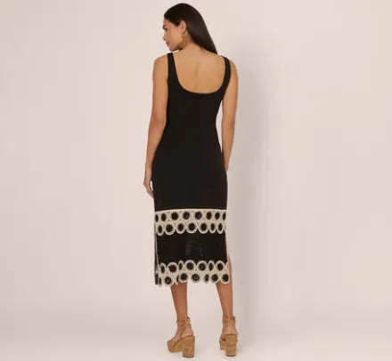 Adrianna Papell Wedding Guest Dresses|Day Dresses*Crochet Trimmed Sheath Midi Dress With Tank Straps In Black Ecru
