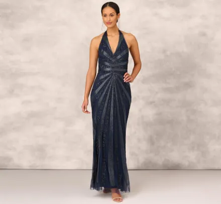 Adrianna Papell Wedding Guest Dresses|Formal Dresses*Dazzling Beaded Halter Gown With Deep V-Neckline In