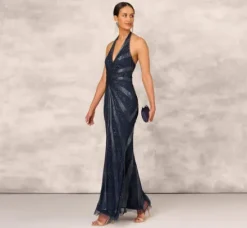 Adrianna Papell Wedding Guest Dresses|Formal Dresses*Dazzling Beaded Halter Gown With Deep V-Neckline In
