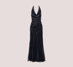 Adrianna Papell Wedding Guest Dresses|Formal Dresses*Dazzling Beaded Halter Gown With Deep V-Neckline In