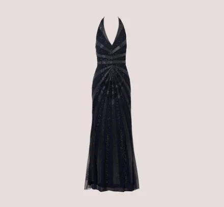 Adrianna Papell Wedding Guest Dresses|Formal Dresses*Dazzling Beaded Halter Gown With Deep V-Neckline In
