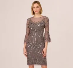 Adrianna Papell Wedding Guest Dresses|Grandmother Of The Bride & Groom*Deco Beaded Sheath Dress With Sheer Bell Sleeves In