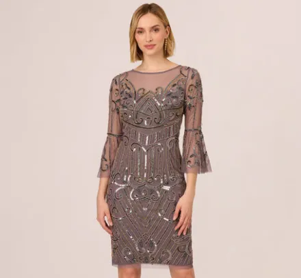 Adrianna Papell Wedding Guest Dresses|Grandmother Of The Bride & Groom*Deco Beaded Sheath Dress With Sheer Bell Sleeves In