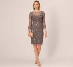 Adrianna Papell Wedding Guest Dresses|Grandmother Of The Bride & Groom*Deco Beaded Sheath Dress With Sheer Bell Sleeves In
