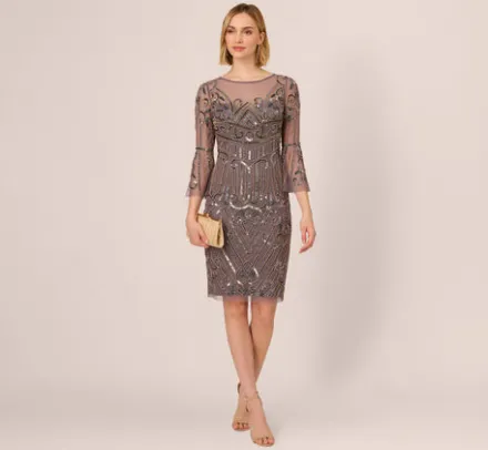 Adrianna Papell Wedding Guest Dresses|Grandmother Of The Bride & Groom*Deco Beaded Sheath Dress With Sheer Bell Sleeves In