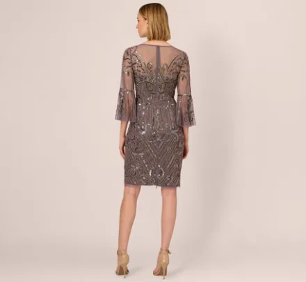 Adrianna Papell Wedding Guest Dresses|Grandmother Of The Bride & Groom*Deco Beaded Sheath Dress With Sheer Bell Sleeves In