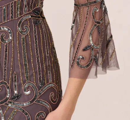 Adrianna Papell Wedding Guest Dresses|Grandmother Of The Bride & Groom*Deco Beaded Sheath Dress With Sheer Bell Sleeves In