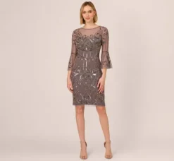 Adrianna Papell Wedding Guest Dresses|Grandmother Of The Bride & Groom*Deco Beaded Sheath Dress With Sheer Bell Sleeves In