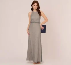 Adrianna Papell Wedding Guest Dresses|Formal Dresses*Deco Floral Beaded Blouson Gown With Halter Neckline In Pewter Silver