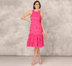 Adrianna Papell Wedding Guest Dresses|Petite-Friendly*3D Floral And Bead Embellished Midi Dress With Flounce Skirt In Electric Pink