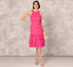 Adrianna Papell Wedding Guest Dresses|Petite-Friendly*3D Floral And Bead Embellished Midi Dress With Flounce Skirt In Electric Pink