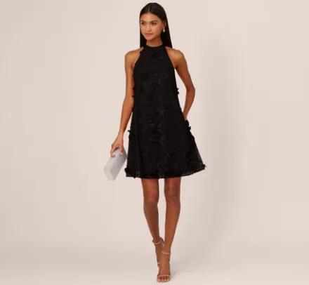 Adrianna Papell Wedding Guest Dresses*3D Floral Embroidered Trapeze Dress With Open Bow Back In