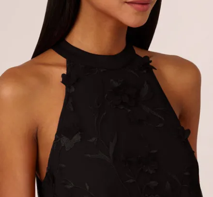 Adrianna Papell Wedding Guest Dresses*3D Floral Embroidered Trapeze Dress With Open Bow Back In