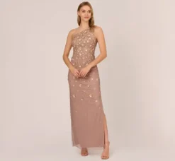 Adrianna Papell Wedding Guest Dresses|Formal Dresses*3D Floral Hand-Beaded One-Shoulder Long Column Gown In