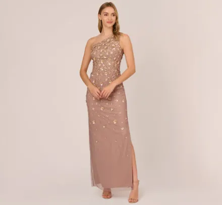 Adrianna Papell Wedding Guest Dresses|Formal Dresses*3D Floral Hand-Beaded One-Shoulder Long Column Gown In
