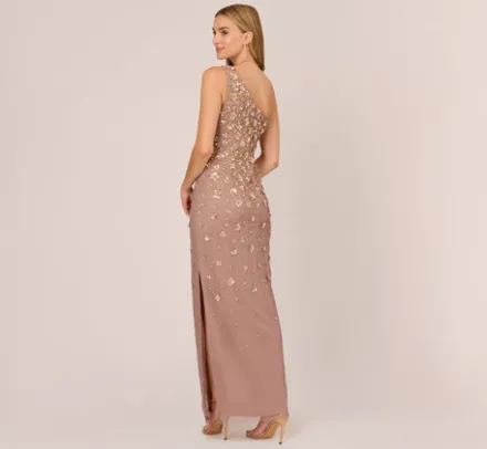 Adrianna Papell Wedding Guest Dresses|Formal Dresses*3D Floral Hand-Beaded One-Shoulder Long Column Gown In