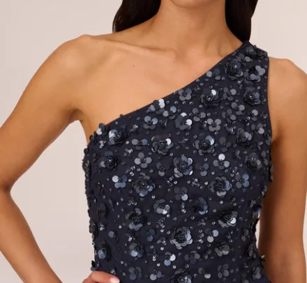 Adrianna Papell Wedding Guest Dresses|Formal Dresses*3D Floral Hand-Beaded One-Shoulder Long Column Gown In Dusty Navy