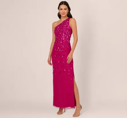 Adrianna Papell Wedding Guest Dresses|Formal Dresses*3D Floral Hand-Beaded One-Shoulder Long Column Gown In Hot Orchid