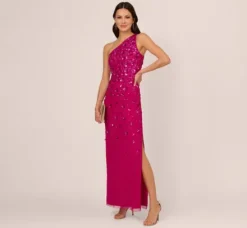 Adrianna Papell Wedding Guest Dresses|Formal Dresses*3D Floral Hand-Beaded One-Shoulder Long Column Gown In Hot Orchid