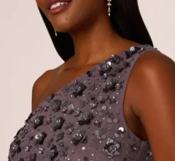 Adrianna Papell Wedding Guest Dresses|Formal Dresses*3D Floral Hand-Beaded One-Shoulder Long Column Gown In