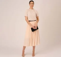 Adrianna Papell Pants & Skirts*Dot Print Pleated Midi Skirt In Champagne Ivory Seed Dot