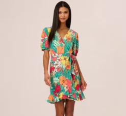 Adrianna Papell Wedding Guest Dresses|Day Dresses*Drawn Floral Print Faux Wrap Dress With Short Sleeves In Aqua Coral Multi