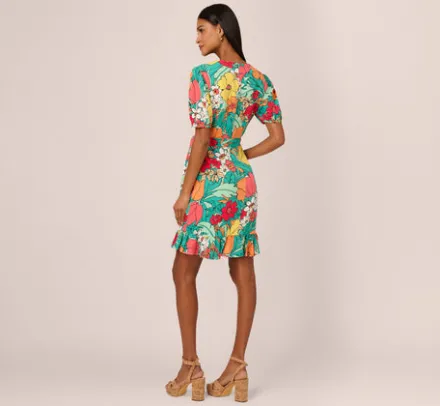 Adrianna Papell Wedding Guest Dresses|Day Dresses*Drawn Floral Print Faux Wrap Dress With Short Sleeves In Aqua Coral Multi