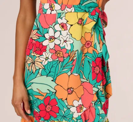 Adrianna Papell Wedding Guest Dresses|Day Dresses*Drawn Floral Print Faux Wrap Dress With Short Sleeves In Aqua Coral Multi
