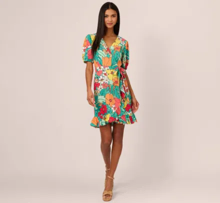 Adrianna Papell Wedding Guest Dresses|Day Dresses*Drawn Floral Print Faux Wrap Dress With Short Sleeves In Aqua Coral Multi