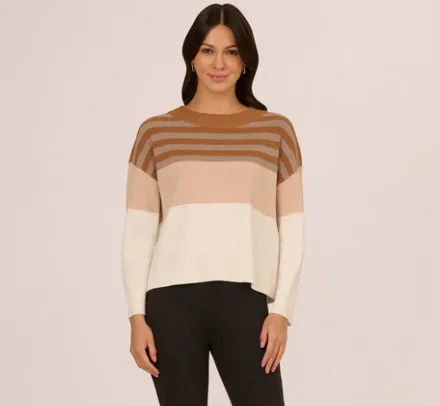 Adrianna Papell Tops & Blouses|Sweaters*Drop Shoulder Boat Neck Color Blocked Sweater In Camel Ht Oatmeal Block Multi
