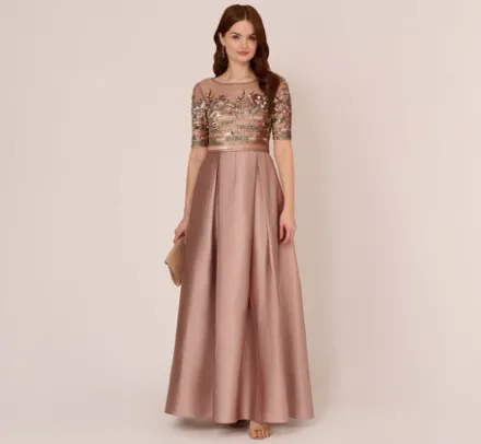 Adrianna Papell Wedding Guest Dresses|Formal Dresses*Embellished Taffeta Gown With Sheer Elbow Length Sleeves In