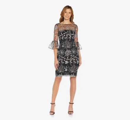 Adrianna Papell Wedding Guest Dresses|Day Dresses*Embroidered Three Quarter Sleeve Short Sheath Dress With Bell Sleeves In Blue Multi