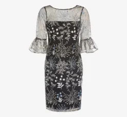 Adrianna Papell Wedding Guest Dresses|Day Dresses*Embroidered Three Quarter Sleeve Short Sheath Dress With Bell Sleeves In Blue Multi