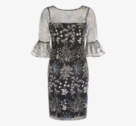 Adrianna Papell Wedding Guest Dresses|Day Dresses*Embroidered Three Quarter Sleeve Short Sheath Dress With Bell Sleeves In Blue Multi