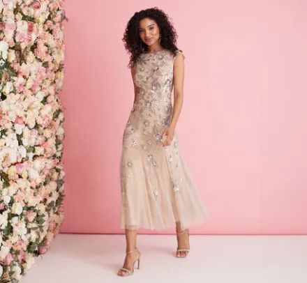 Adrianna Papell Wedding Guest Dresses|Grandmother Of The Bride & Groom*Floral Beaded Ankle Length Gown In Silver Nude