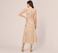 Adrianna Papell Wedding Guest Dresses|Grandmother Of The Bride & Groom*Floral Beaded Ankle Length Gown In Silver Nude
