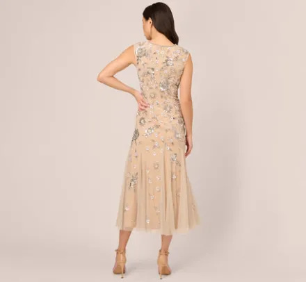 Adrianna Papell Wedding Guest Dresses|Grandmother Of The Bride & Groom*Floral Beaded Ankle Length Gown In Silver Nude