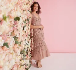 Adrianna Papell Wedding Guest Dresses|Grandmother Of The Bride & Groom*Floral Beaded Ankle Length Sleeveless Gown In Rose Gold