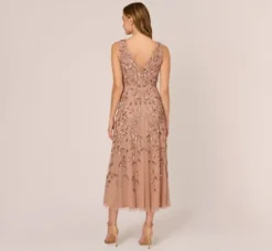 Adrianna Papell Wedding Guest Dresses|Grandmother Of The Bride & Groom*Floral Beaded Ankle Length Sleeveless Gown In Rose Gold