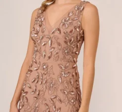 Adrianna Papell Wedding Guest Dresses|Grandmother Of The Bride & Groom*Floral Beaded Ankle Length Sleeveless Gown In Rose Gold