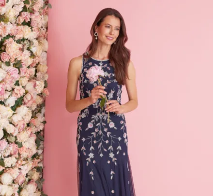 Adrianna Papell Wedding Guest Dresses|Formal Dresses*Floral Beaded Blouson Tea Length Dress In Navy Blush
