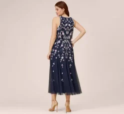 Adrianna Papell Wedding Guest Dresses|Formal Dresses*Floral Beaded Blouson Tea Length Dress In Navy Blush