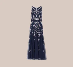 Adrianna Papell Wedding Guest Dresses|Formal Dresses*Floral Beaded Blouson Tea Length Dress In Navy Blush