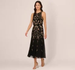 Adrianna Papell Wedding Guest Dresses|Formal Dresses*Floral Beaded Blouson Tea Length Dress In Black Gold