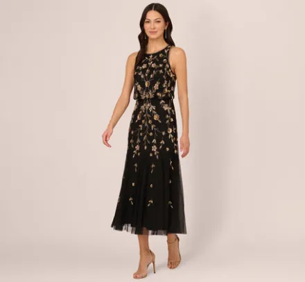Adrianna Papell Wedding Guest Dresses|Formal Dresses*Floral Beaded Blouson Tea Length Dress In Black Gold
