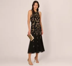 Adrianna Papell Wedding Guest Dresses|Formal Dresses*Floral Beaded Blouson Tea Length Dress In Black Gold