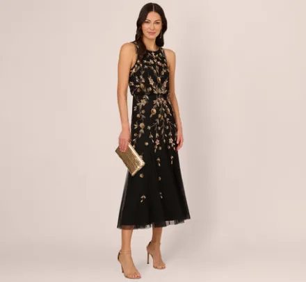 Adrianna Papell Wedding Guest Dresses|Formal Dresses*Floral Beaded Blouson Tea Length Dress In Black Gold