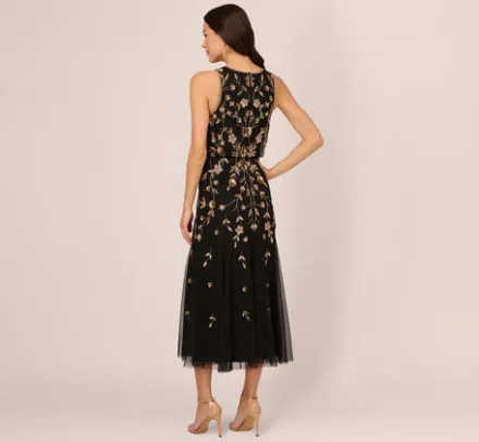 Adrianna Papell Wedding Guest Dresses|Formal Dresses*Floral Beaded Blouson Tea Length Dress In Black Gold